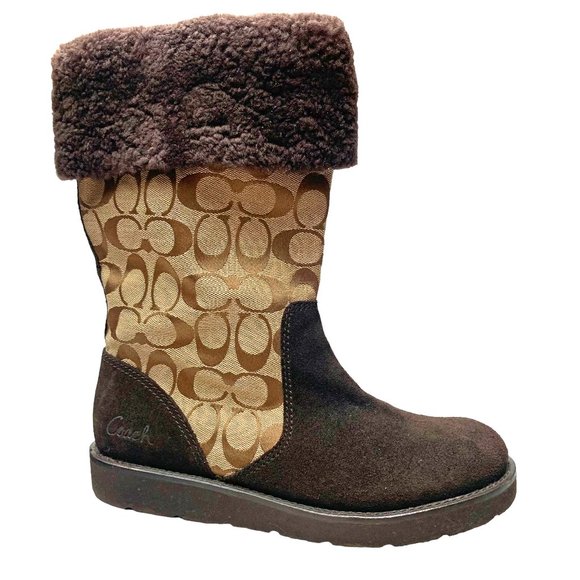 Coach Shoes - COACH Kally Brown Suede Monogram Signature Print Fleece Mid Calf Boots